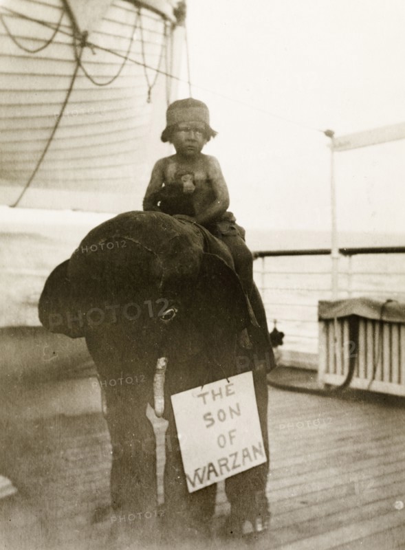 Son of Warzan'. A small boy dressed as Tarzan rides on the back of a stuffed toy elephant, clutching a toy monkey in his lap during a children's fancy dress party aboard RMS Arundel Castle, enroute from southern Africa to England. A sign strung around the elephant's neck reads: 'The Son of Warzan'. Location unknown, circa 1930.