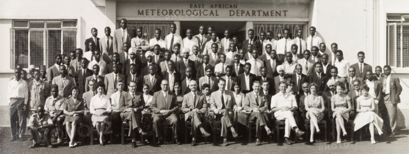 East African Meteorological Department. Staff of the East African Meteorological Department pose for a group portrait outside their offices. Nairobi, Kenya, circa 1960. Nairobi, Nairobi Area, Kenya, Eastern Africa, Africa.