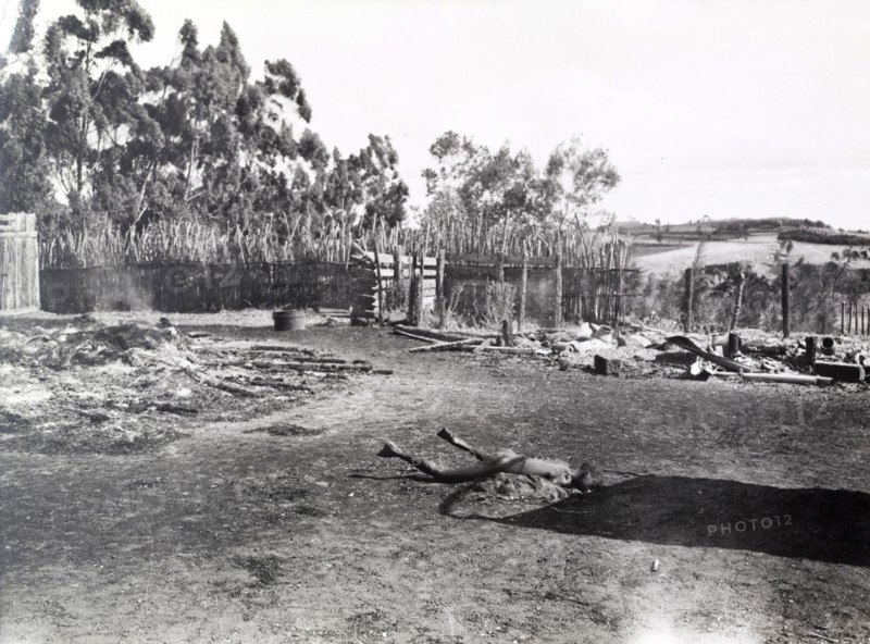 Child murdered by Mau Mau. The body of a murdered child lies rigid in the smoking ruins of a village, victim of a raid by Mau Mau fighters. Kenya, circa 1953. Kenya, Eastern Africa, Africa.