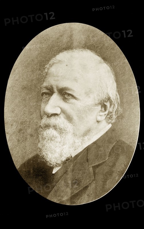 Portrait of Robert Browning. A photograph of an etched portrait featuring the prominent English poet and playwright, Robert Browning (1812-1889), in his later years. Location unknown, circa 1890.
