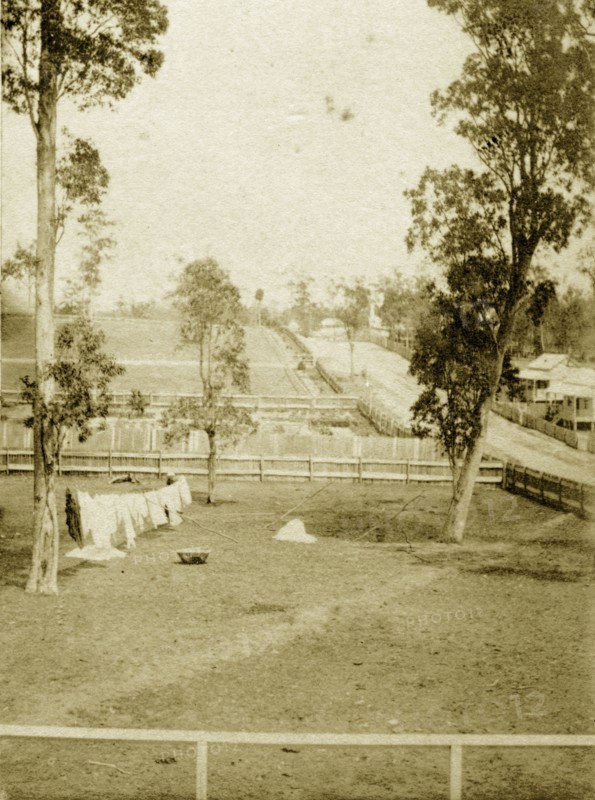 Settlers' plots, Queensland. Washing hangs from a line suspended between trees on a large, fenced plot of settler's land. Similar plots can be seen stretching into the distance. Queensland, Australia, circa 1890., Queensland, Australia, Australia, Oceania.