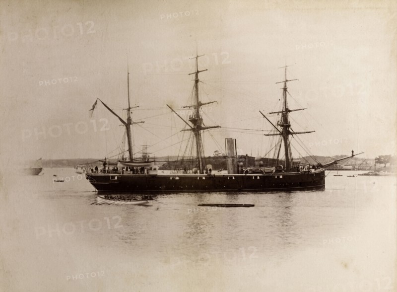 Ship off the Queensland coast. Portrait of a ship with three masts sailing off the coast of Queensland. Queensland, Australia, circa 1890., Queensland, Australia, Australia, Oceania.