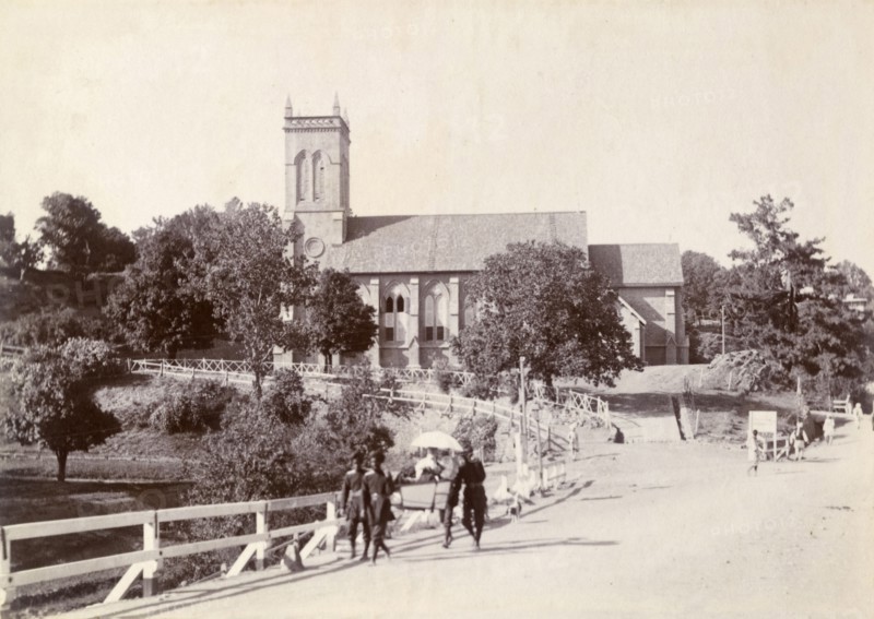 The Anglican church at Murree. The traditionally English architecture of the Anglican church at Murree. Pakistani servants can be seen carrying a British passenger along the road in an open sedan chair. Murree, Punjab, India (Punjab, Pakistan), circa 1895. Murree, Punjab, Pakistan, Southern Asia, Asia.