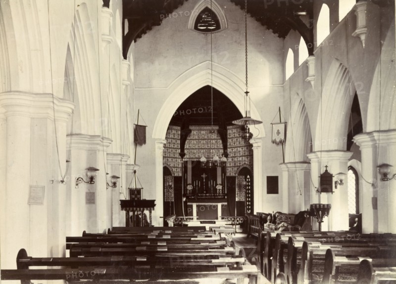 Church interior at Noushera. Interior shot of a church looking towards the altar. Noushera, India, circa 1895. Noushera, Jammu and Kashmir, India, Southern Asia, Asia.