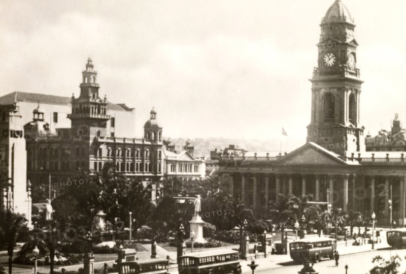 General Post Office, Durban. Formal gardens line the street in front of the General Post Office building. Durban, Natal (KwaZulu Natal), South Africa, circa 1936. Durban, KwaZulu Natal, South Africa, Southern Africa, Africa.