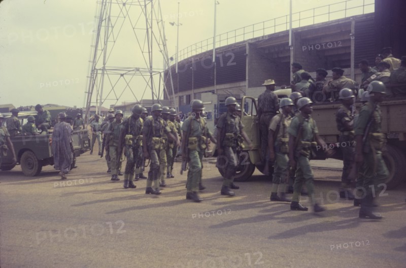 National day of prayer. Uniformed military police, pictured on a national day of prayer to mark the end of the Nigerian Civil War (1967-70). A related image suggests the soldiers may be attending a thanksgiving ceremony at the Liberty Stadium in Onitsha. Nigeria, circa February 1970. Nigeria, Western Africa, Africa.