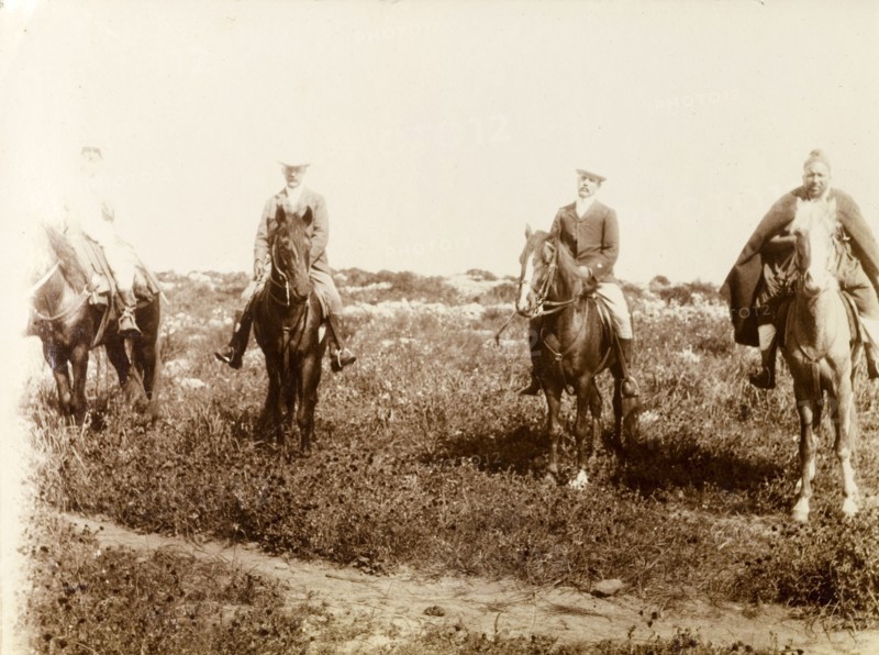Four horsemen, Morocco. Portrait of four men on horseback. The two central figures are certainly European, one of whom is identified as 'Russi'. Morocco, 1898. Morocco, Northern Africa, Africa.