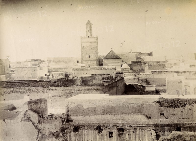 A mosque in Safi. View of a mosque across the rooftops in Safi. Safi, Morocco, 1898. Safi, Safi, Morocco, Northern Africa, Africa.