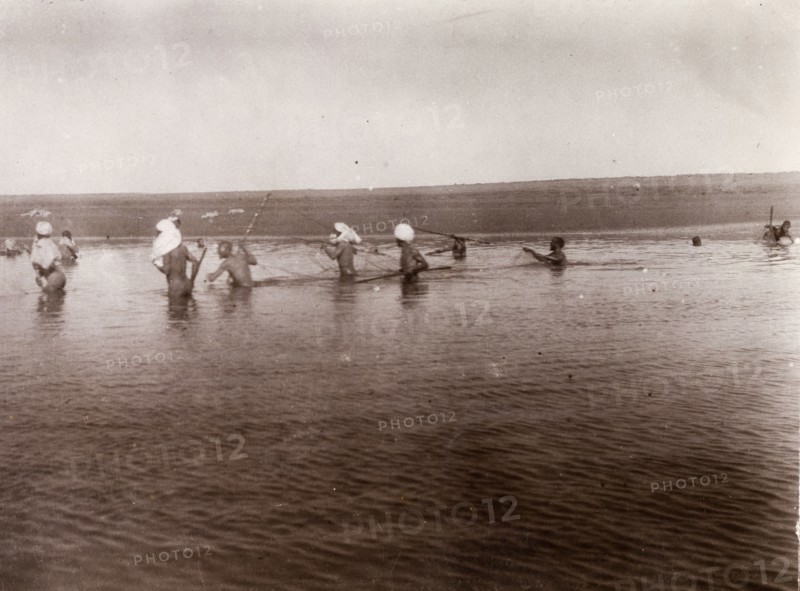 Moroccan men fishing. A group of Moroccan men, naked and up to their waists in water, hold fishing nets stretched out between them as they walk through a shallow lake. Southern Morocco, 1898. Morocco, Northern Africa, Africa.