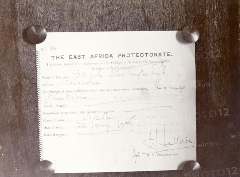 Official safari permit. Close-up of the official permit received by Fredercik Stanbury allowing him to undertake a hunting safari in the Lake Baringo area. British East Africa (Kenya), 1906. Kenya, Eastern Africa, Africa.