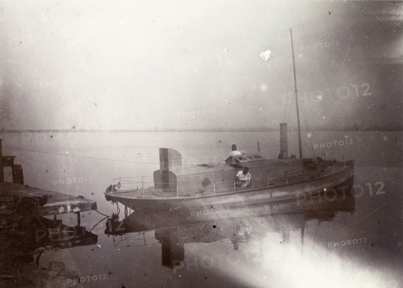 Boat launch on Lake Victoria. A fishing boat prepares to launch on the banks of Lake Victoria. Lake Victoria, British East Africa (Kenya), 1906., Nyanza, Kenya, Eastern Africa, Africa.