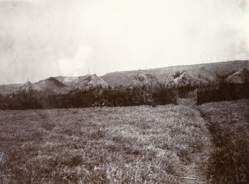 The 'zareeba' at Kavirondo. A rough pathway leads through a field into the thatched-roofed 'zareeba', or protected village enclosure, at Kavirondo. Kavirondo, British East Africa (Kenya), 1906. Kavirondo, Nyanza, Kenya, Eastern Africa, Africa.