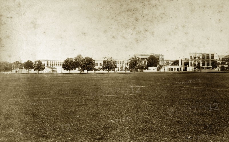 Chowringhee Street, Calcutta. View of buildings located on Chowringhee Street taken across a wide, open lawn. Calcutta (Kolkata), India, circa 1890. Kolkata, West Bengal, India, Southern Asia, Asia.