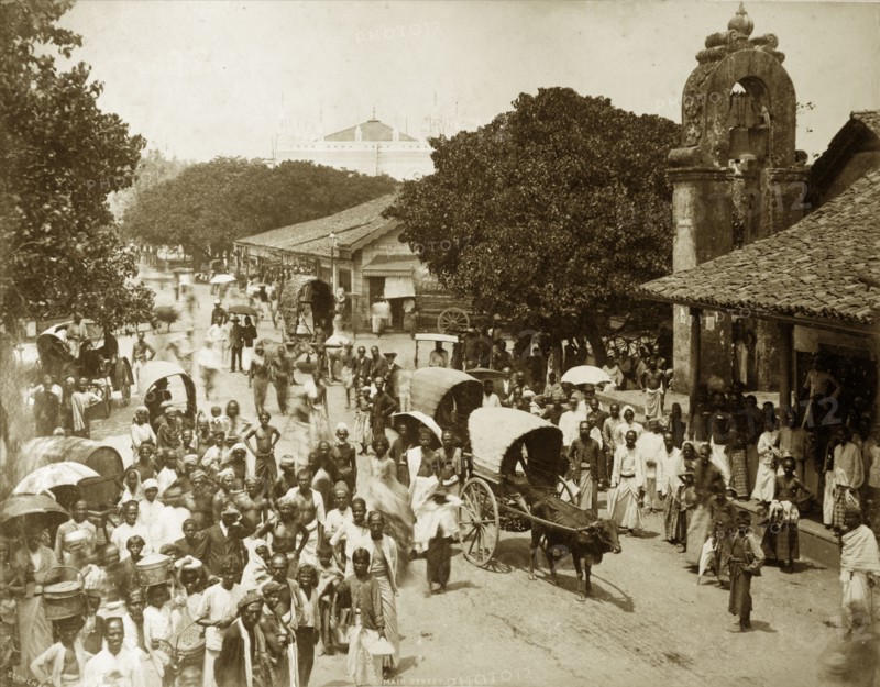 Main street of Colombo. The main street bustling with crowds and cattle-drawn carts. Colombo, Ceylon (Sri Lanka), circa 1885. Colombo, West (Sri Lanka), Sri Lanka, Southern Asia, Asia.