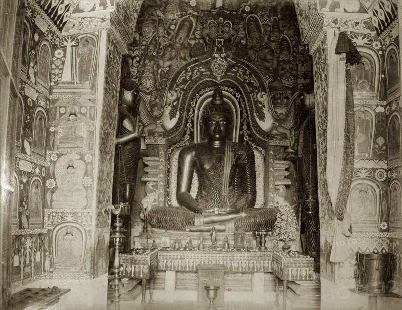 Statue of Budda. Interior of a Buddhist temple and associated Budda statue. Ceylon (Sri Lanka), circa 1885. Sri Lanka, Southern Asia, Asia.