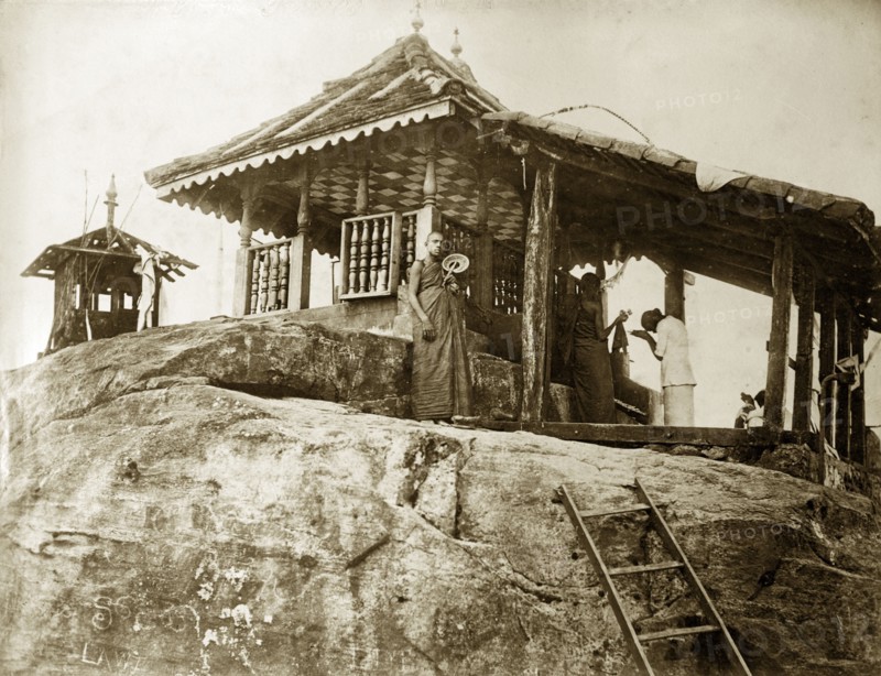Adam's Peak shrine. Worshippers and monks at the Buddhist shrine of Adam's Peak. Ceylon (Sri Lanka), circa 1885. Sri Lanka, Southern Asia, Asia.