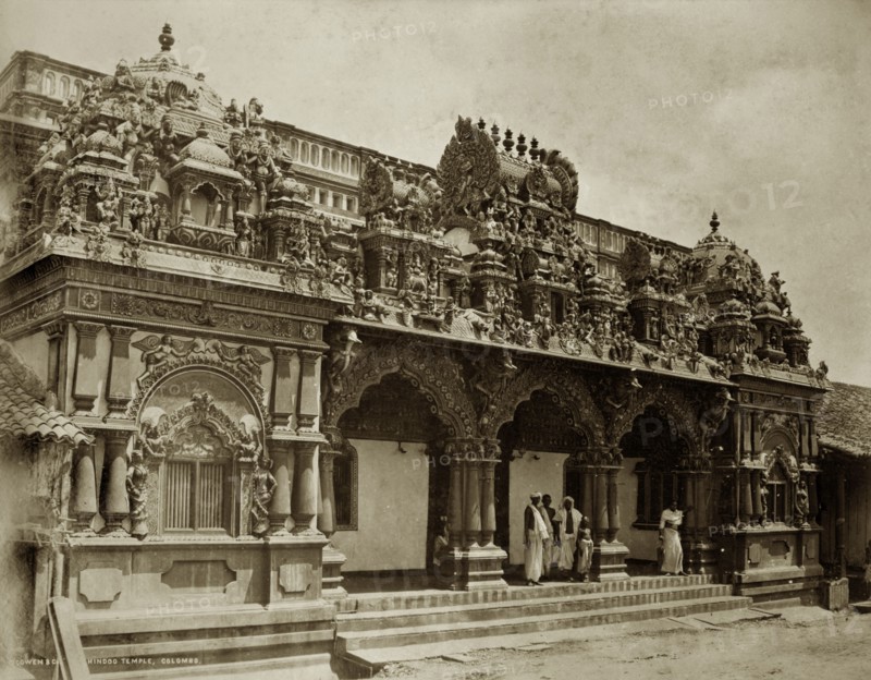 Hindu temple, Ceylon. The intricately carved stone entrance to a Hindu temple. Colombo, Ceylon (Sri Lanka), circa 1885. Colombo, West (Sri Lanka), Sri Lanka, Southern Asia, Asia.