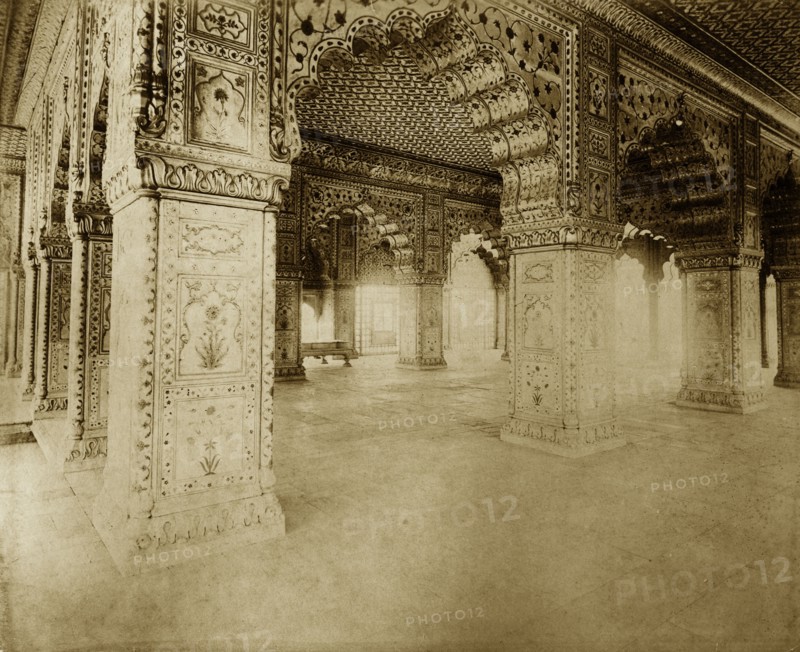 Archways at the Delhi Fort. Ornate archways decorated with painted designs stretch along a corridor in what was originally the King's Palace, now part of the Delhi Fort complex. Delhi, India, circa 1885. Delhi, Delhi, India, Southern Asia, Asia.