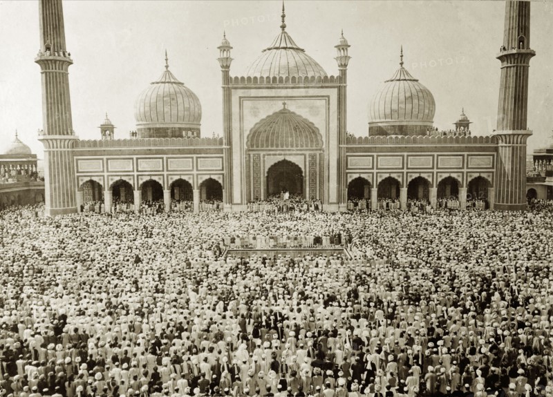 Muslims at the Jama Masjid, Delhi. Thousands of Muslims gather outside the Jama Masjid, the largest mosque in Delhi, to celebrate an Islamic festival. Delhi, India, circa 1885. Delhi, Delhi, India, Southern Asia, Asia.