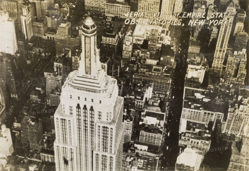 Empire State observatories. Ariel view of the observatories at the top of the Empire State Building. New York, United States of America, circa 1942. New York, New York, United States of America, North America, North America .