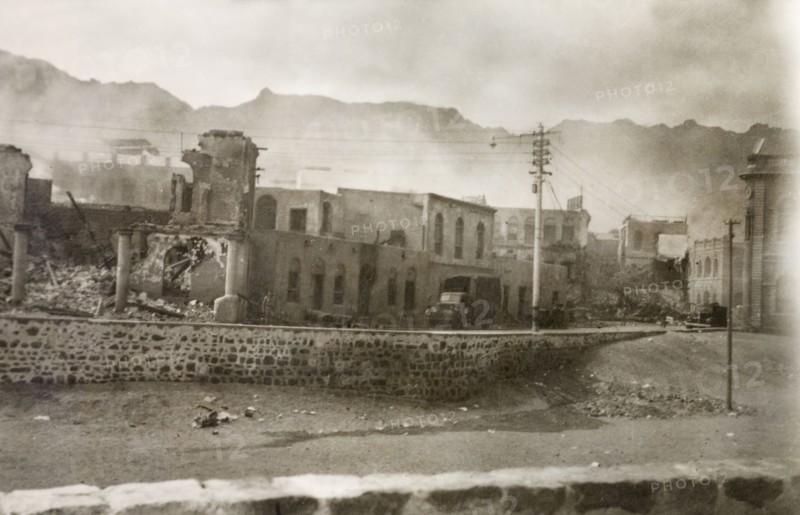 Aftermath of Arab riots in Aden, 1947. View over the desolate and ruined Jewish quarter of Aden, after the Arab riots that took place between 1-3 December 1947 in response to the United Nations Partition Plan for Palestine. Aden, Yemen, December 1947.
 Aden, Adan, Yemen, Middle East, Asia.