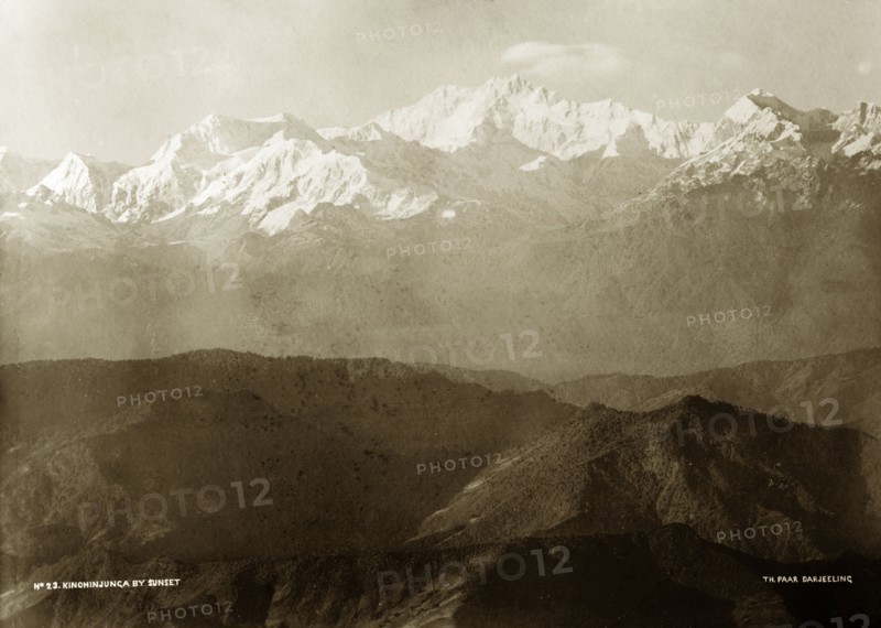 Kanchenjunga by sunset. View of the Himalayan mountain Kanchenjunga, taken at sunset. India-Nepal border, circa 1890. Nepal, Southern Asia, Asia.