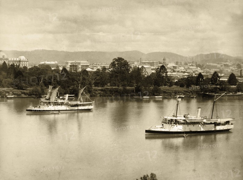 Brisbane River scene. Steamers on the Brisbane River. Brisbane, Australia, circa 1890. Brisbane, Queensland, Australia, Australia, Oceania.