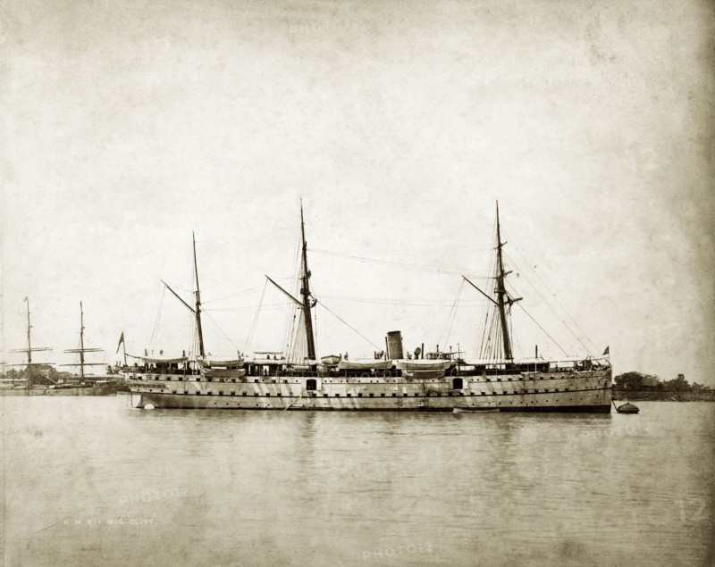 RIMS 'Elphinstone'. RIMS 'Elphinstone', a naval steamer belonging to the Royal Indian Marine Service, in anchorage at a harbour. Indian Ocean, circa 1895., Southern Asia, Asia.