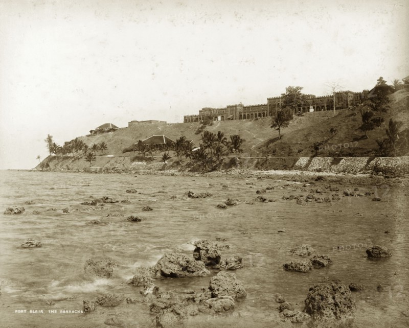 The Barracks', Andaman Islands. Distant view of an army barracks for European soldiers. Andaman Islands, India, circa 1895. Port Blair, Andaman and Nicobar Islands, India, Southern Asia, Asia.