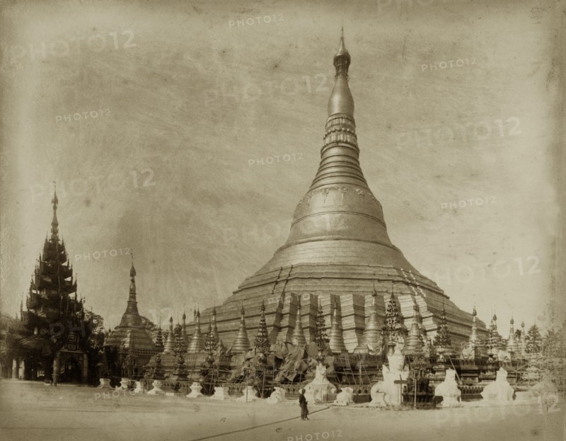 The Shwe Dagon Pagoda. The main, southern entrance to the Shwe Dagon Pagoda. Rangoon (Yangon), Burma (Myanmar), circa 1885. Yangon, Yangon, Burma (Myanmar), South East Asia, Asia.