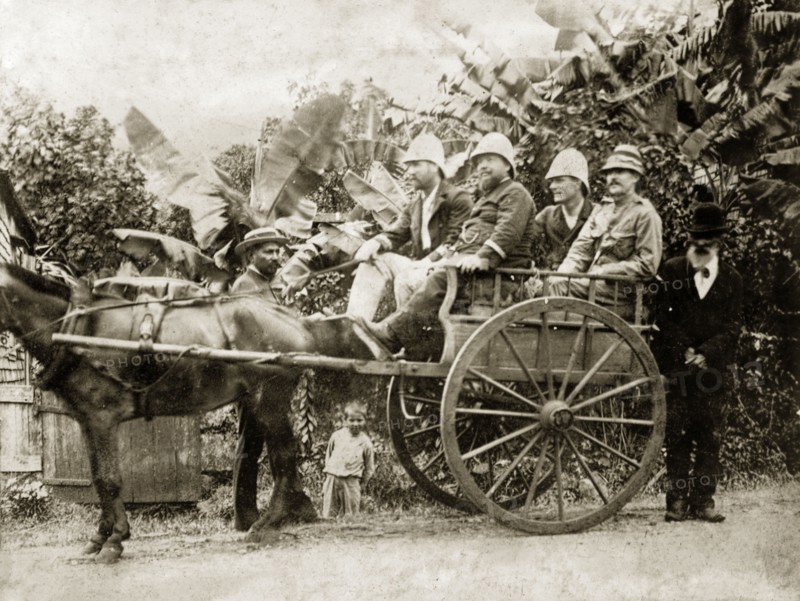 British officials seated in a horse and cart. Four European men in solatopis are seated in a high, two-wheeled cart, hitched to a single horse. Two other men, one of African or Asian descent, stand by the cart. A small boy peers underneath the cart against a backdrop of banana palms. Mauritius or Reunion, 1897., Indian Ocean, Africa.