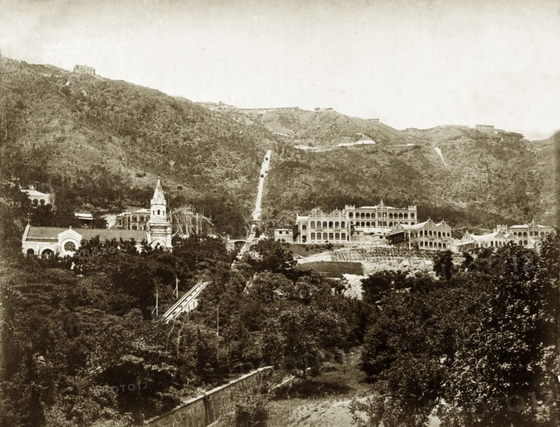 The Peak Tramway, Hong Kong. View of the Peak Tramway, a funicular railway running up to Victoria Peak. Hong Kong, (People's Republic of China), circa 1895., Hong Kong, China, People's Republic of, Eastern Asia, Asia.