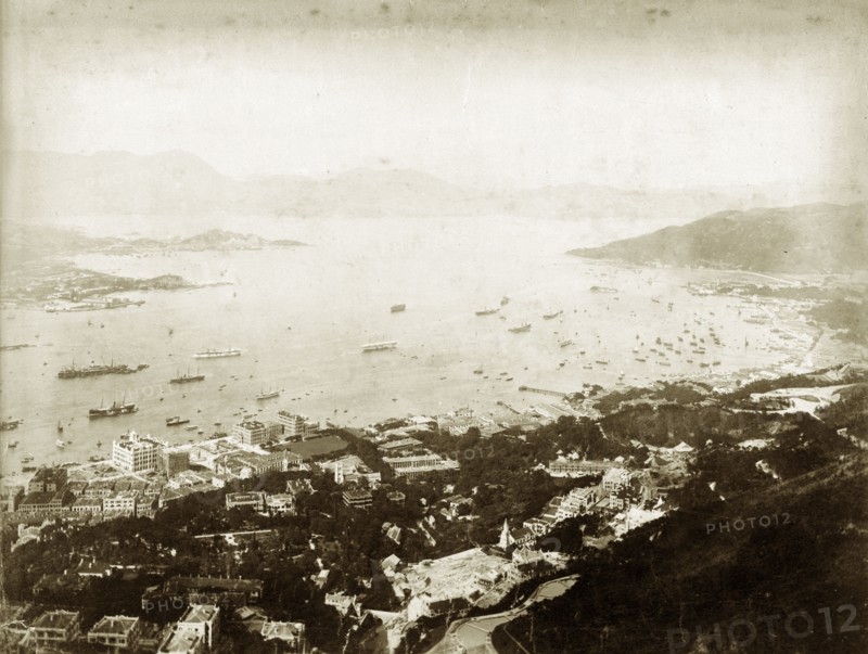 View over Hong Kong. View of Hong Kong city and the bay seen from Victoria Peak. Hong Kong, (People's Republic of China), circa 1895. Hong Kong, Hong Kong, China, People's Republic of, Eastern Asia, Asia.