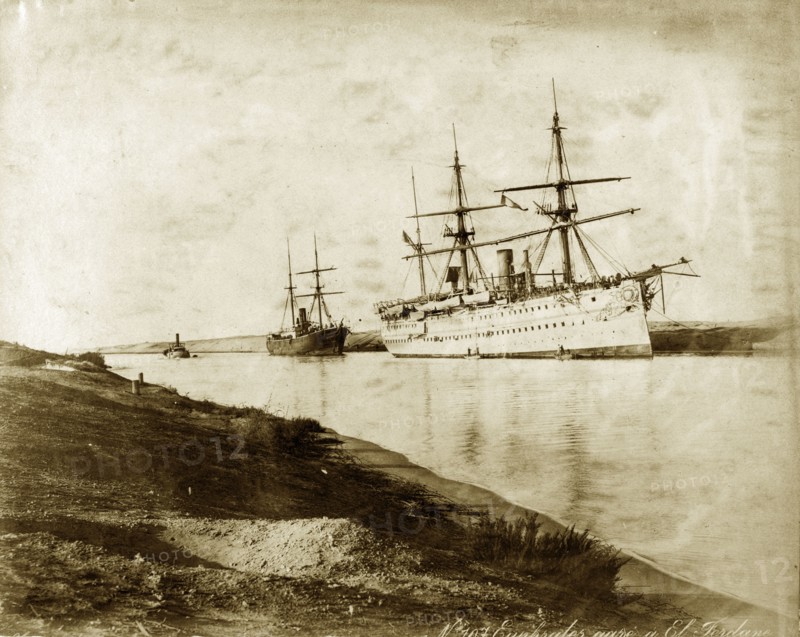 Troopships in the Suez Canal. HM troopship 'Euphrates' at El Ferdan in the Suez Canal. Suez, Egypt, 1893. Suez, Suez, Egypt, Northern Africa, Africa.