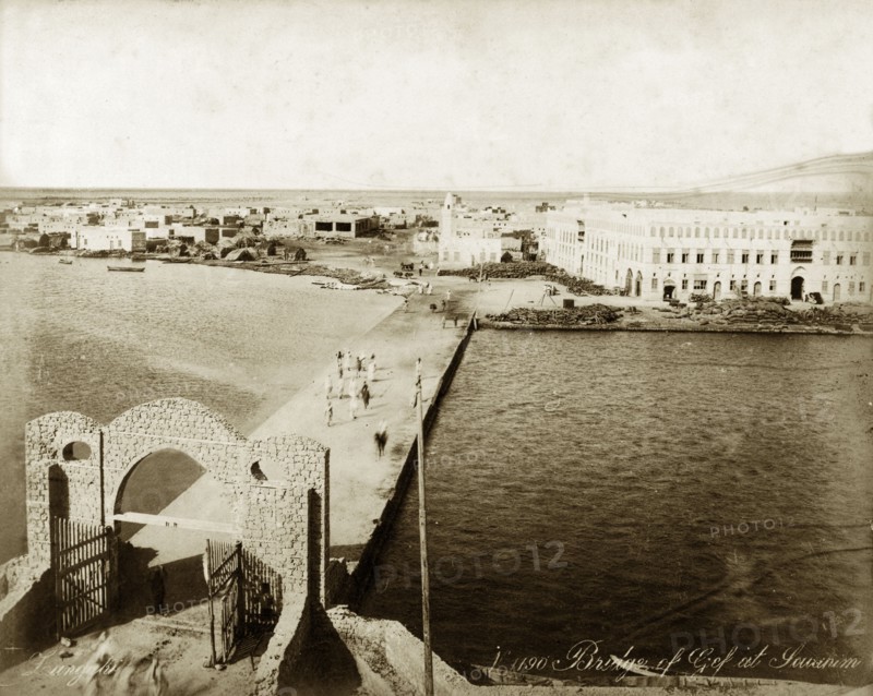 Bridge at Suakin. View of Suakim showing a road bridge crossing the river. Suakin, Sudan, circa 1900. Suakin, Red Sea, Sudan, Eastern Africa, Africa.