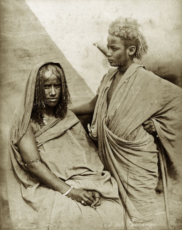 Bischarin women. Portrait of two Bisharin women, their hair worn in traditional style. Sudan, North Africa, circa 1885. Sudan, Eastern Africa, Africa.