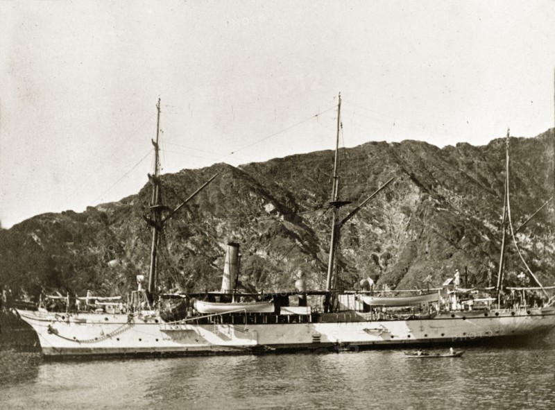 HMS 'Alert'. HMS 'Alert', a naval steamer belonging to the Persian Gulf Operations Fleet, floats off shore. Probably the Persian Gulf, circa 1900., Middle East, Asia.