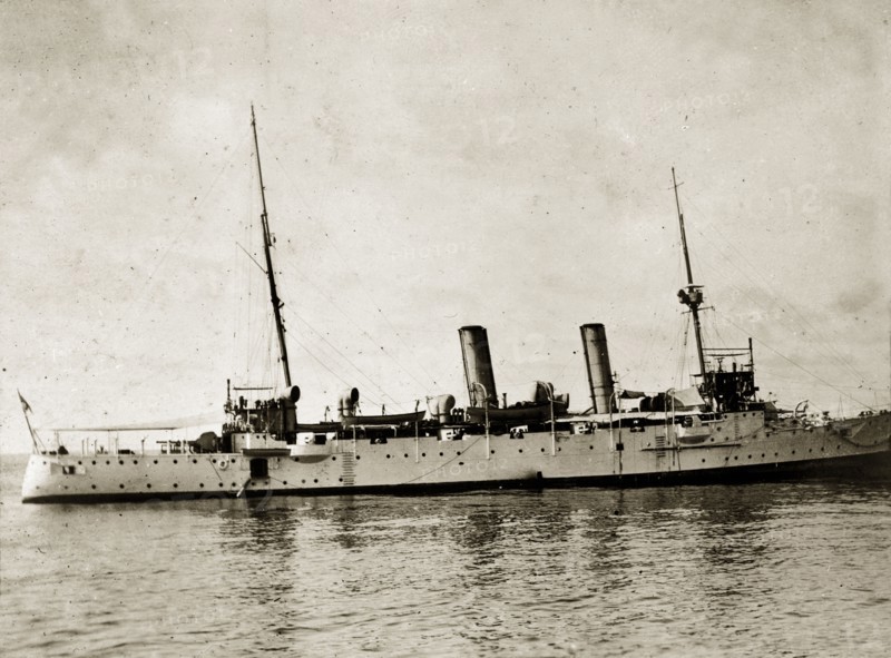 HMS 'Fox' at sea. HMS 'Fox', a naval steamer belonging to the Persian Gulf Operations Fleet. Probably the Persian Gulf, circa 1900., Middle East, Asia.