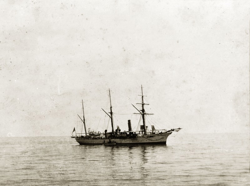 HMS 'Odin' at sea. HMS 'Odin', a naval steamer belonging to the Persian Gulf Operations Fleet. Probably the Persian Gulf, circa 1900., Middle East, Asia.