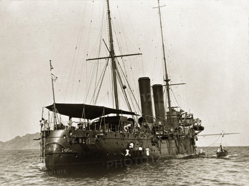 HMS 'Sirius' at sea. HMS 'Sirius', a naval steamer belonging to the Persian Gulf Operations Fleet. Probably the Persian Gulf, circa 1900., Middle East, Asia.