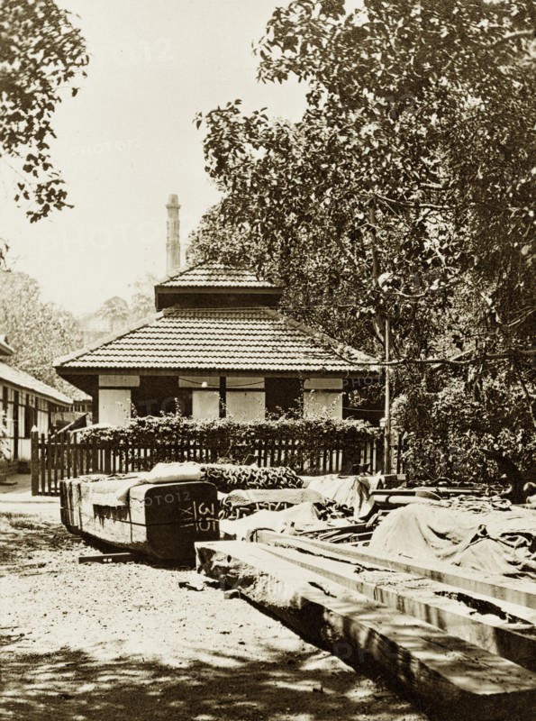 A Bombay dockyard. Discarded timber outside a government dockyard belonging to the Royal Indian Marine Service. Bombay (Mumbai), India, circa 1900. Mumbai, Maharashtra, India, Southern Asia, Asia.