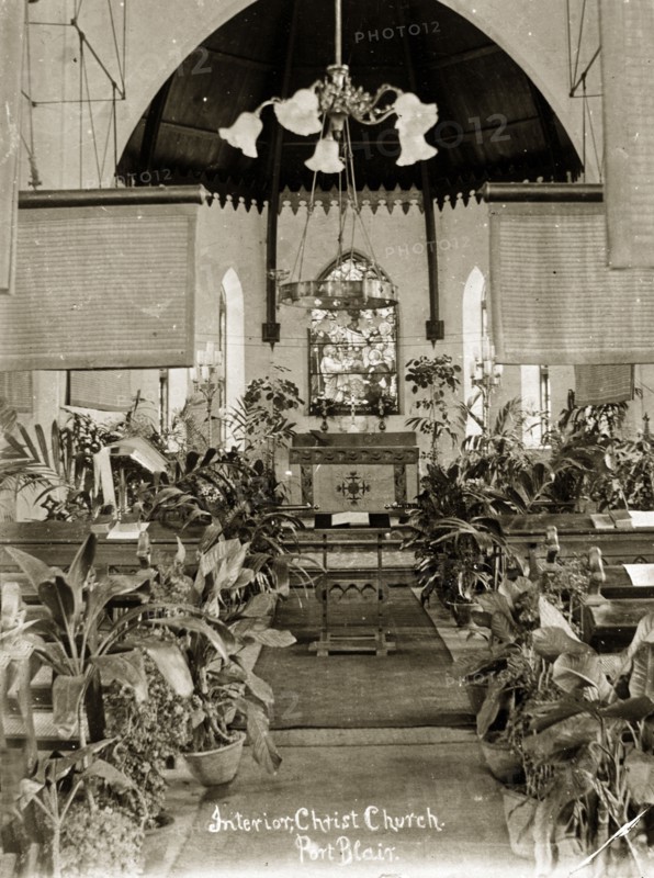 Christ Church, Ross Island. Interior shot of the altar inside Christ Church, profusely decorated with flowers and potted plants. Ross Island, India, circa 1900. Ross Island, Andaman and Nicobar Islands, India, Southern Asia, Asia.