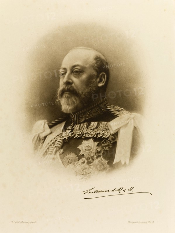 King Edward VII, circa 1902. Head and shoulders portrait of King Edward VII (1841-1910) of England. Location unknown, circa 1902.