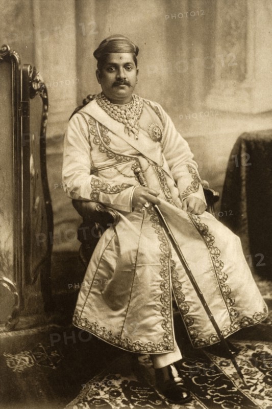 Gaekwar of Baroda. Studio portrait of Sir Sayaji Rao III (1863-1939), Gaekwar of Baroda, dressed in his robes for the Coronation Durbar at Delhi. India, circa 1902. India, Southern Asia, Asia.