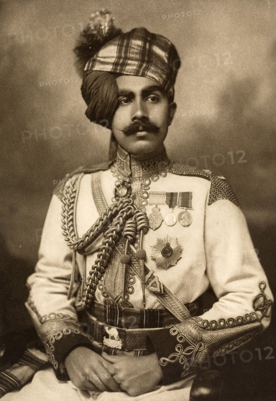 Maharajah of Bikaner. Studio portrait of Sir Ganga Singh (1880-1943), Maharajah of Bikaner, dressed in his military uniform for the Coronation Durbar at Delhi. India, circa 1902. India, Southern Asia, Asia.