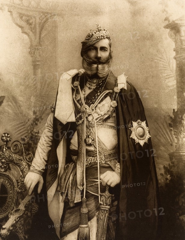 Maharajah of Orchha. Studio portrait of Sir Pratap Singh (1854-1930), Maharajah of Orchha, dressed in his robes for the Coronation Durbar at Delhi. India, circa 1902. India, Southern Asia, Asia.