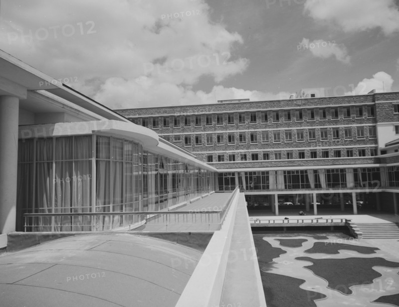 City Hall, Nairobi. Rooftop view showing the modern architecture of City Hall. Nairobi, Kenya, 9 October 1957. Nairobi, Nairobi Area, Kenya, Eastern Africa, Africa.