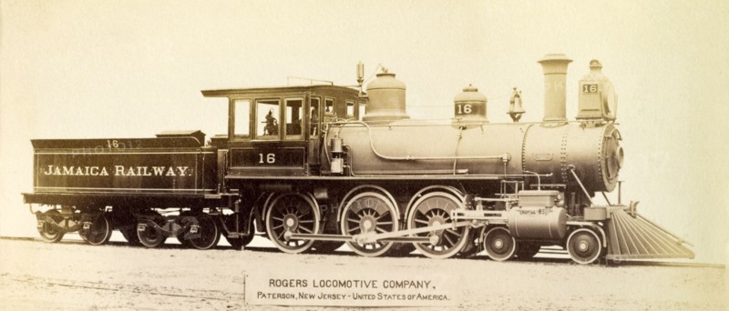 Number 16, Jamaica Railway. Profile shot of number 16, a steam locomotive designed and built for the Jamaica Railway by Rogers Locomotive Company, USA. Jamaica, circa 1895. Jamaica, Caribbean, North America .