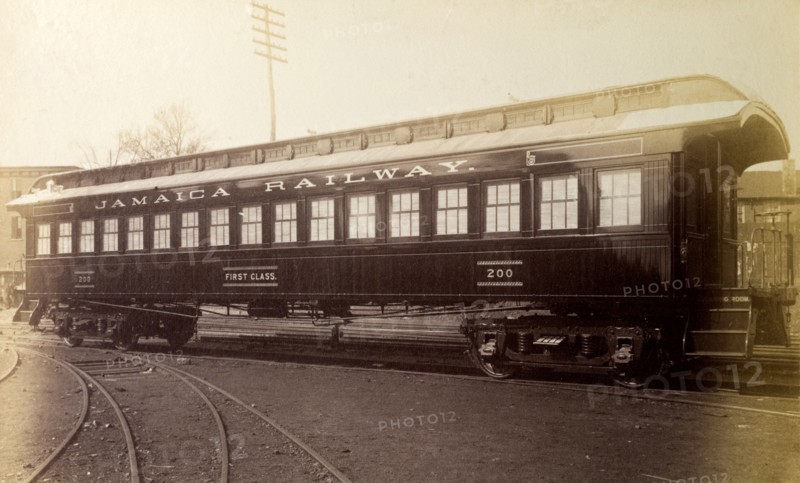 First class carriage, Jamaica. A Jamaica Railway first class carriage sits on rails at a siding. Jamaica, circa 1895. Jamaica, Caribbean, North America .