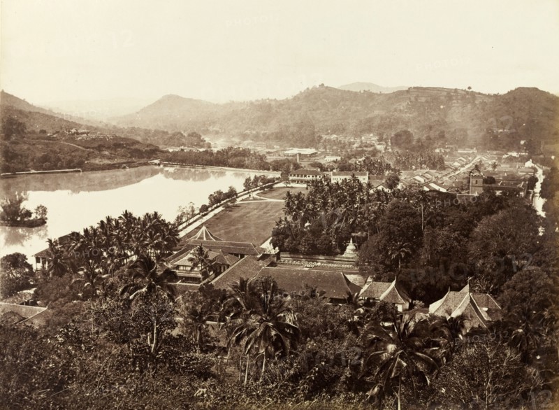 View over Kandy, circa 1875. View of Kandy from Lady Horton's Walk, overlooking the Dalada Maligawa, or Temple of the Buddha's Tooth, and looking across the Esplanade towards a statue of Sir Henry Ward. Kandy Lake is visible to the left of the picture. Kandy, Ceylon (Sri Lanka), circa 1875. Kandy, Central (Sri Lanka), Sri Lanka, Southern Asia, Asia.